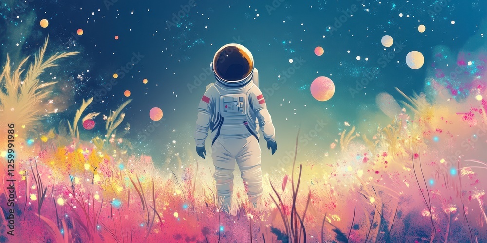 Obraz premium An astronaut stands in a pastel meadow under a starry sky