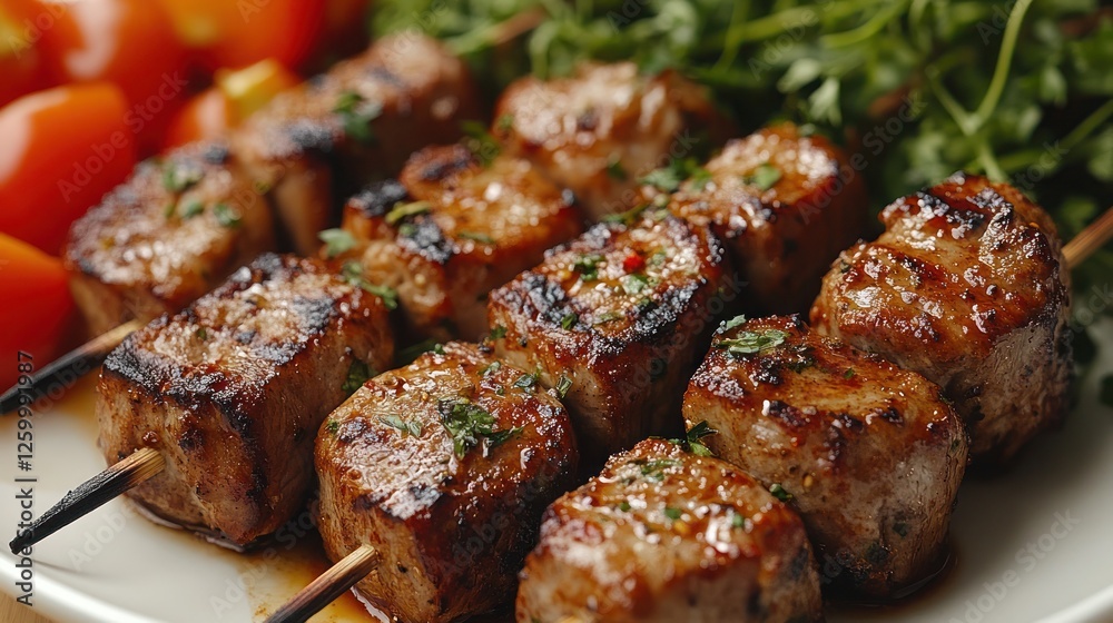 a serving of herb infused grilled meat skewers a serving of herb infused grilled meat skewers
