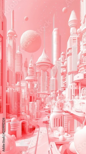 Pink futuristic cityscape with large spherical planets in the sky