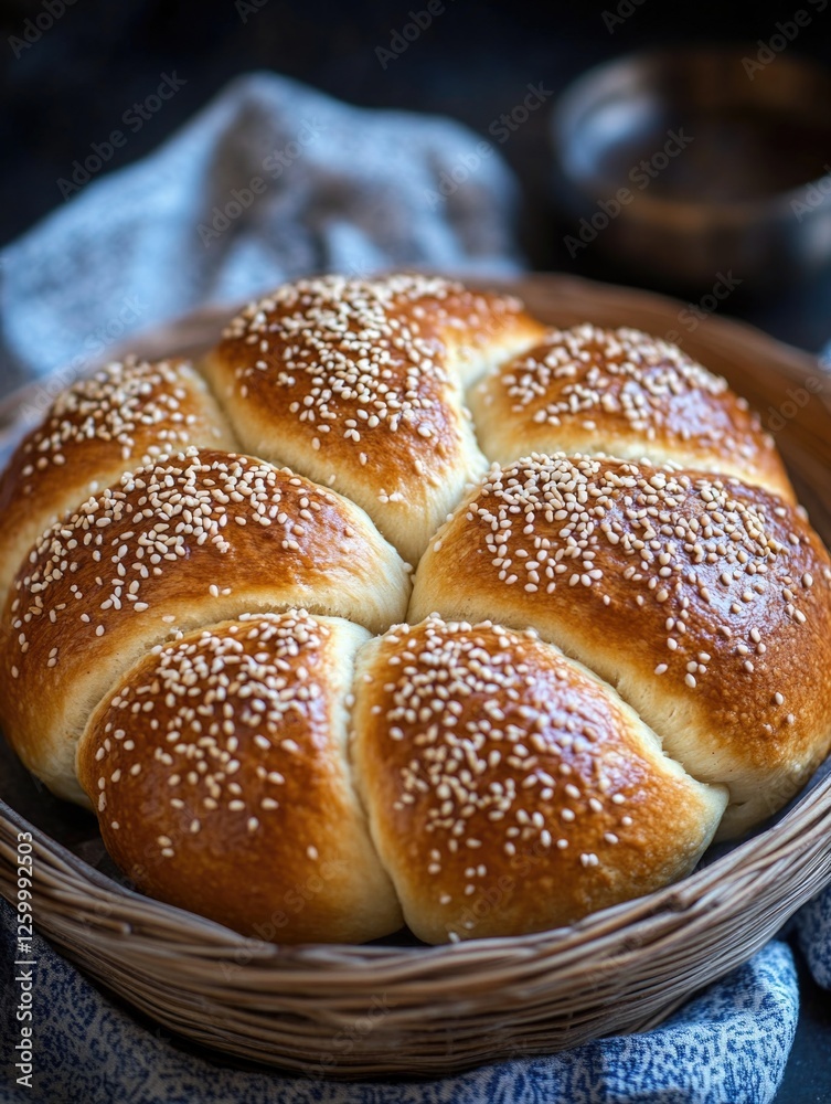 Loaf of bread with sesame seeds on top, served in a wicker basket. Loaf of bread with sesame seeds on top, served in a wicker basket.