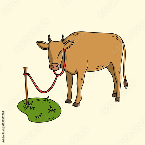Brown Cow Tethered in the Pasture