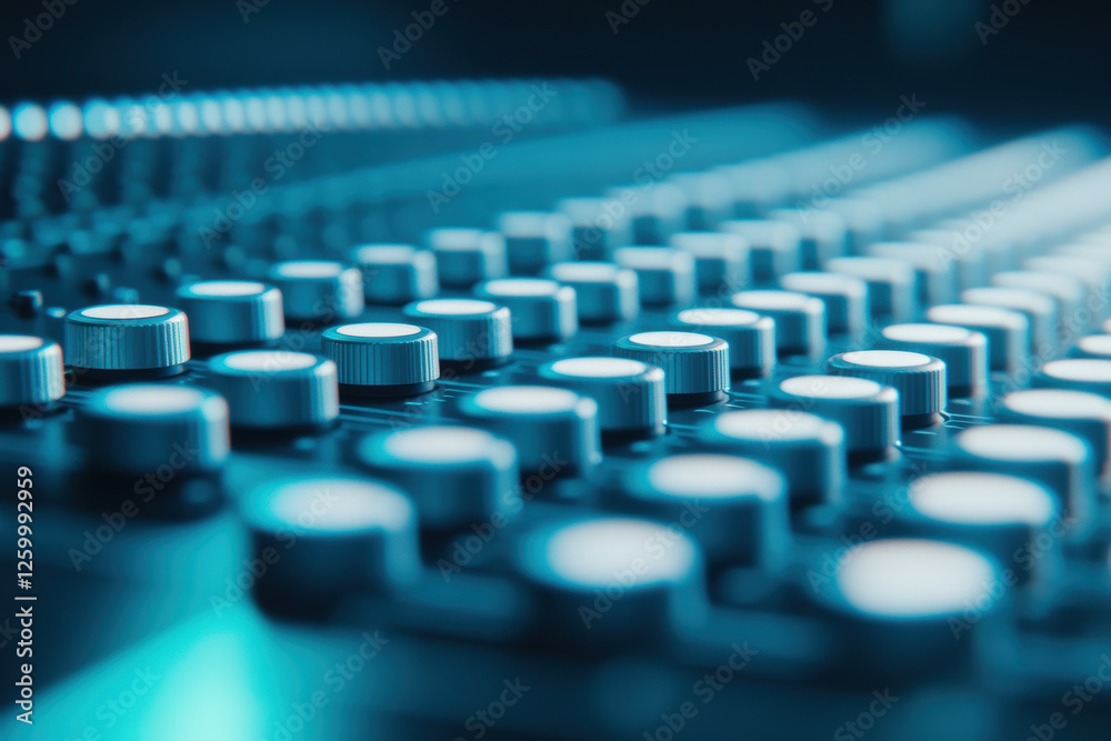 Closeup of audio mixer with glowing blue lights in studio setting for music production technology concept Closeup of audio mixer with glowing blue lights in studio setting for music production technology concept