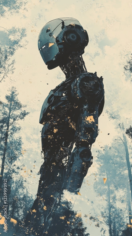 Futuristic robot standing amidst a forest landscape illustration Futuristic robot standing amidst a forest landscape illustration