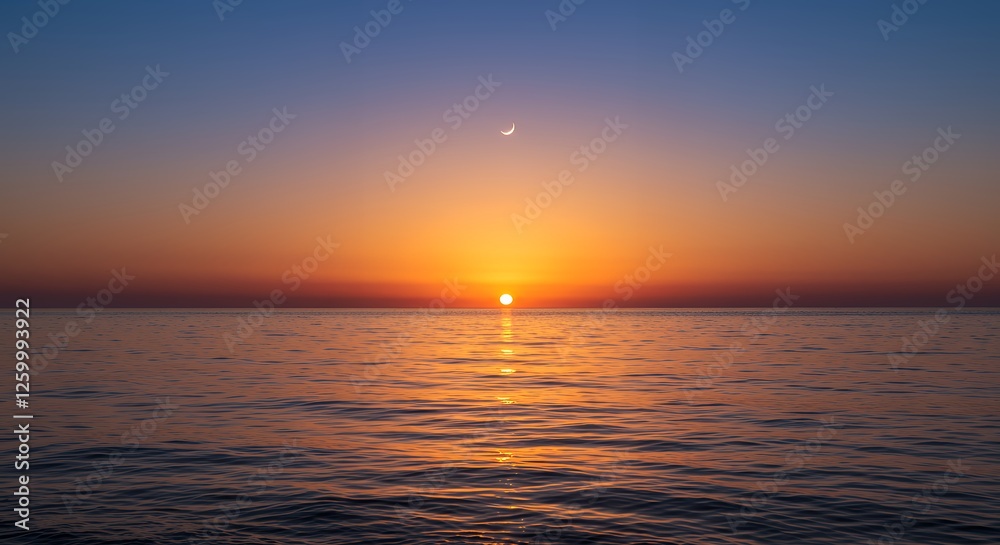 Ocean Sunset and Crescent Moon Reflecting in Calm Water Scenery Ocean Sunset and Crescent Moon Reflecting in Calm Water Scenery