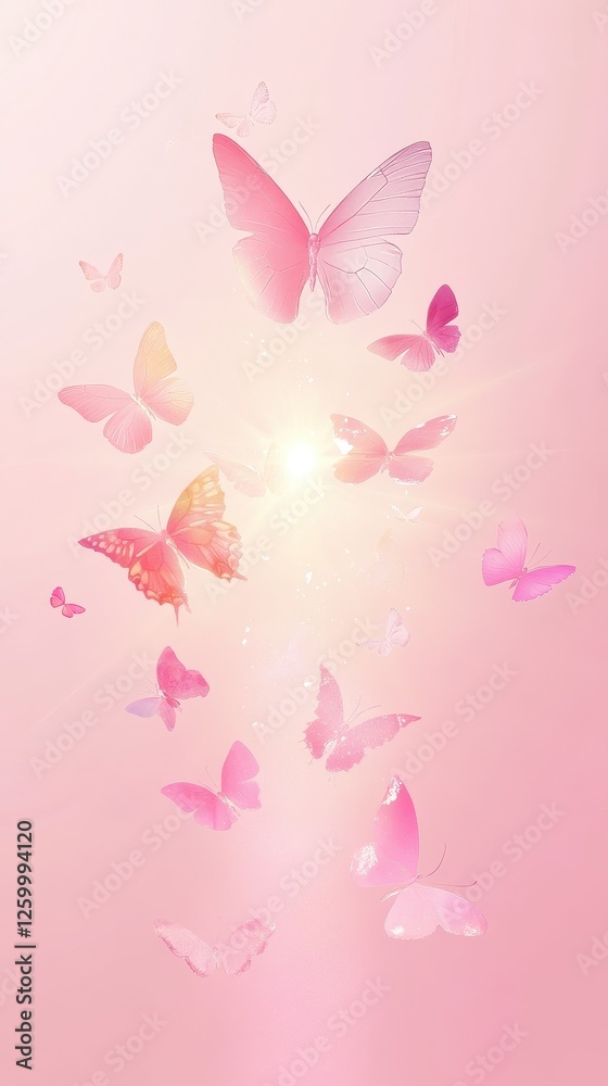 Fototapeta premium Pink butterflies gracefully fluttering around a radiant light source