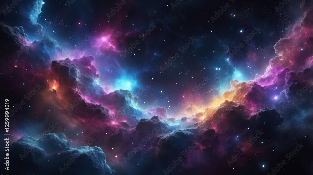 Fototapeta premium Design an abstract background that evokes the cosmos, with deep dark tones punctuated by bright points of light, stars, and galaxy-like elements. Include nebulae and glowing clouds.