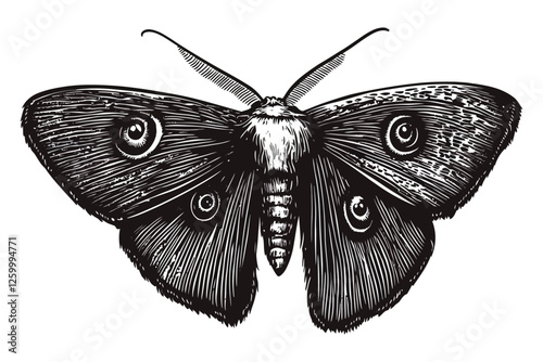 Ornate Moth Illustration with Eye-like Wing Patterns and Fine Details