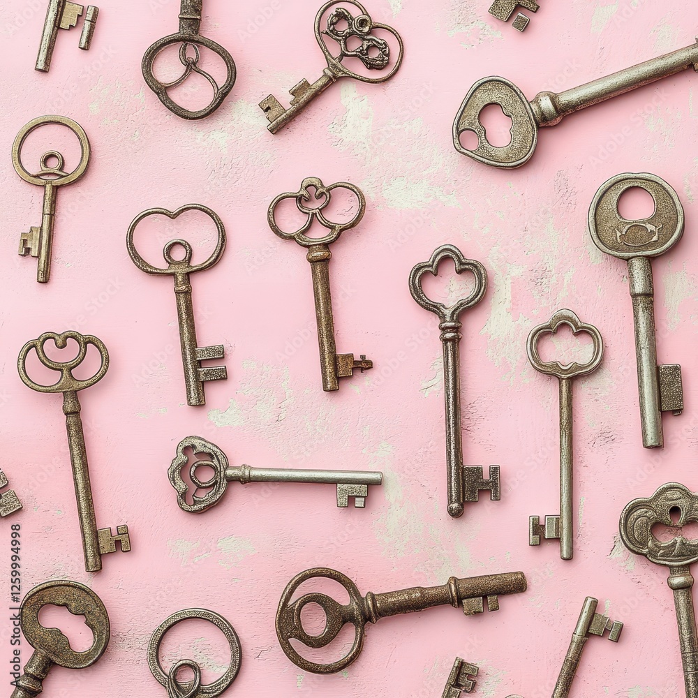 Various antique keys are scattered on a pink background Various antique keys are scattered on a pink background