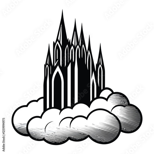 Gothic Castle Floating on Clouds in Black and White Fantasy Illustration