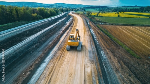 Excavator on New Road Construction Site Through Fields