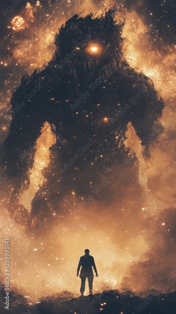 Fototapeta premium A lone man faces a cosmic entity in space