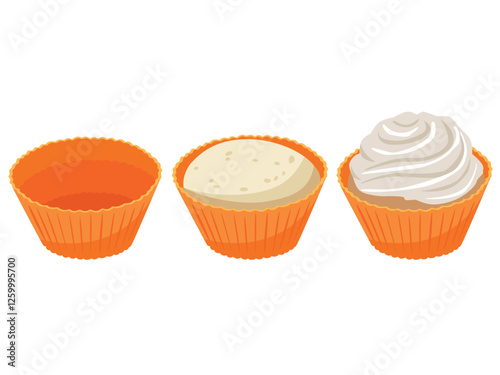different stages of cupcake. Cartoon sweet fluffy muffins or cupcakes with cream. Birthday cake and frosting. Party food.