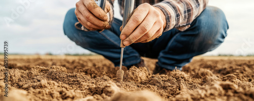 Soil compactness test being conducted with penetrometer in field. individual is focused on measuring soil density, showcasing agricultural practices and land assessment