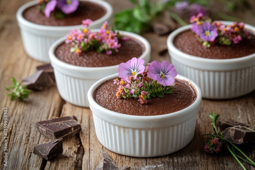 Chocolate dessert cakes with pink and purple flowers as a decorative topping. Chocolate dessert cakes with pink and purple flowers as a decorative topping.