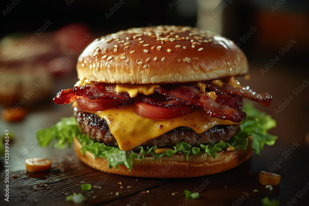 Juicy bacon cheeseburger on wood, close-up Juicy bacon cheeseburger on wood, close-up