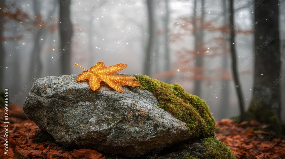 Fototapeta premium Golden Leaf on Mossy Rock in Serene Autumn Forest Nature Scene Peaceful Environment Close-up View