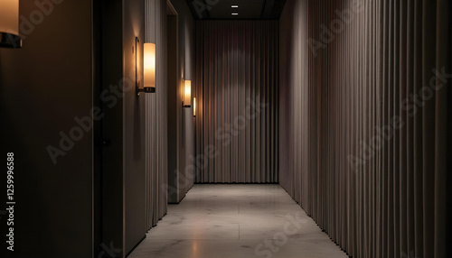 Modern hallway with mysterious mood featuring dim lighting against a sleek wall background