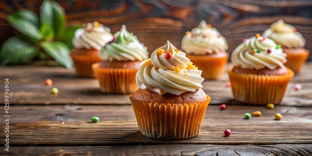 Cupcake with cream and colored sprinkles on a wooden surface. Cupcake with cream and colored sprinkles on a wooden surface.