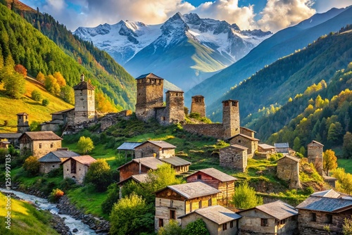 Distant View of Stone Buildings in Adishi Village, Svaneti, Georgia - Documentary Photography photo