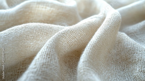 Macro shot of light gray woven linen fabric showcasing its intricate texture and fibers photo