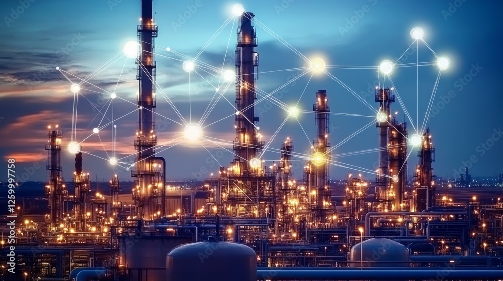 A smart oil and gas factory with interconnected nodes symbolizes digital transformation A smart oil and gas factory with interconnected nodes symbolizes digital transformation