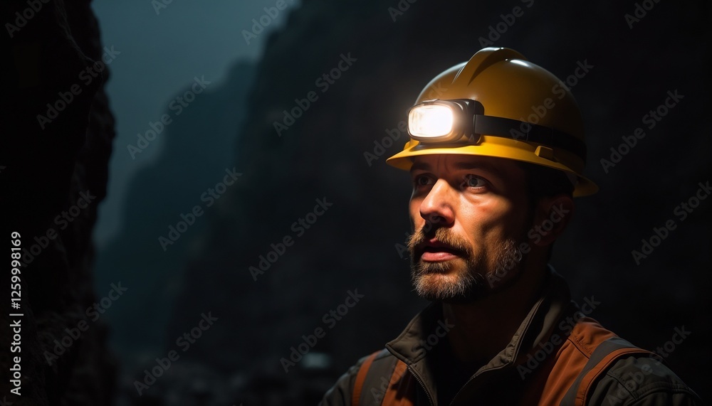 Fototapeta premium Miner’s face illuminated by a headlamp in darkness, highlighting hard work and endurance 