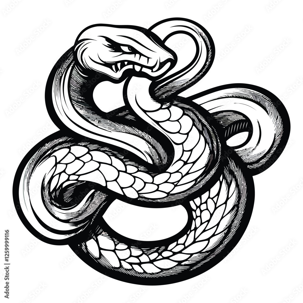 Fototapeta premium Fierce Coiled Snake with Intricate Scales and Striking Expression in Bold Black and White