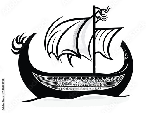 Stylized Viking Longship with Intricate Patterns and Flowing Sails in Black and White