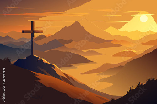 Silhouette of a wooden cross on top of a hill at sunset