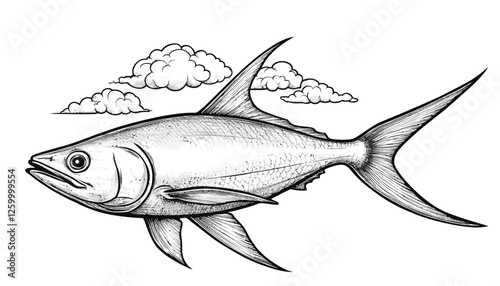 Surreal Flying Fish with Clouds in Detailed Black and White Illustration