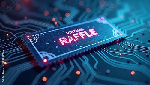Neon circuit board background featuring a digital raffle ticket in a futuristic, high-tech setting