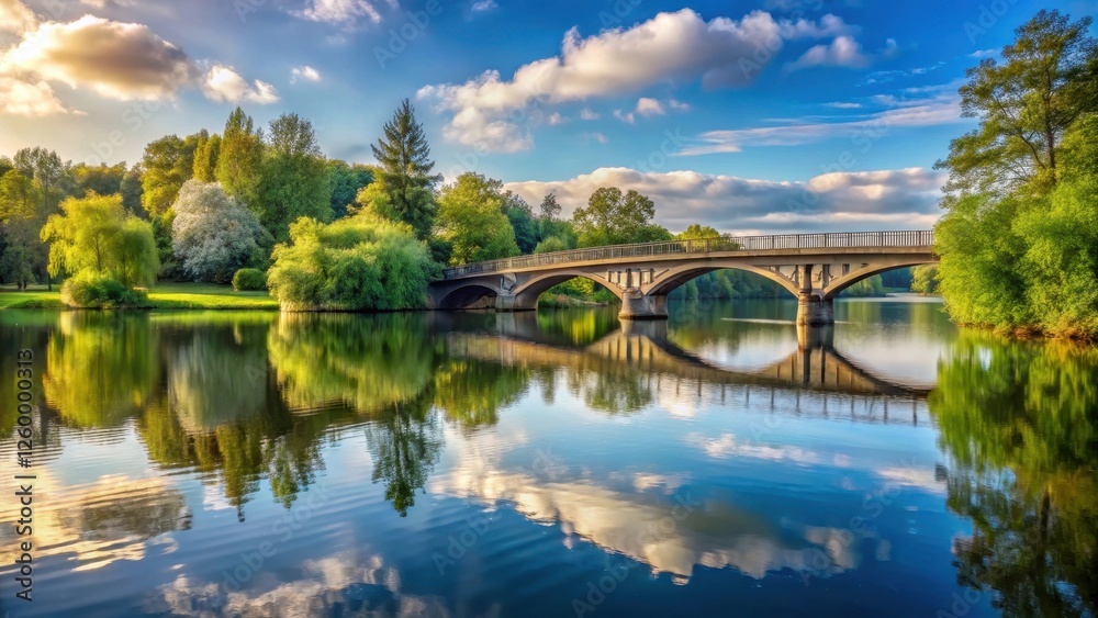 Detailed view of a serene lake landscape with a majestic bridge spanning over the water, river views, tranquil atmosphere Detailed view of a serene lake landscape with a majestic bridge spanning over the water, river views, tranquil atmosphere