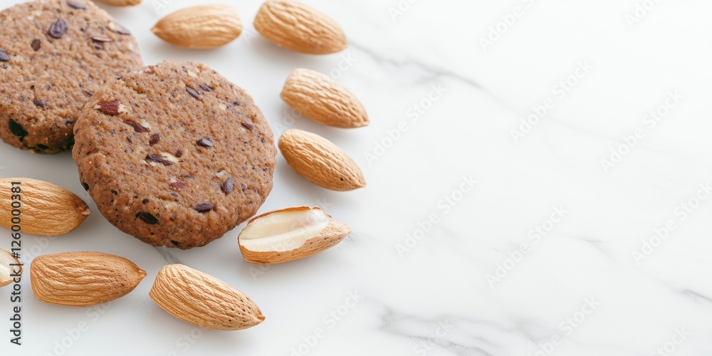 Sustainable alternative plant-based vegan protein and raw food ingredient concept. Almond-based vegan patty plated with raw almonds on a light marble background