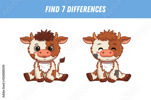 Find 7 differences between two pictures of cute cartoon cow isolated on white background. Funny animal in flat style. Activity page. Vector