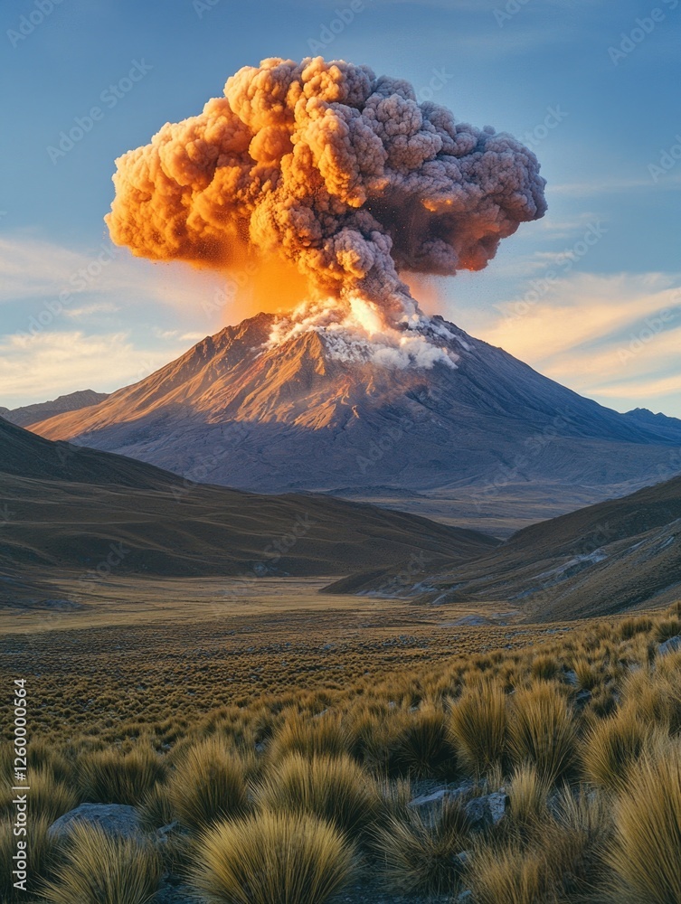 Obraz premium A volcanic eruption at sunset with a red sky.
