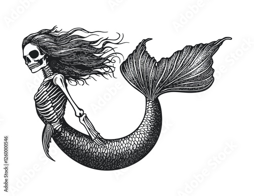 Skeleton Mermaid with Flowing Hair in Dark Fantasy Black and White Illustration