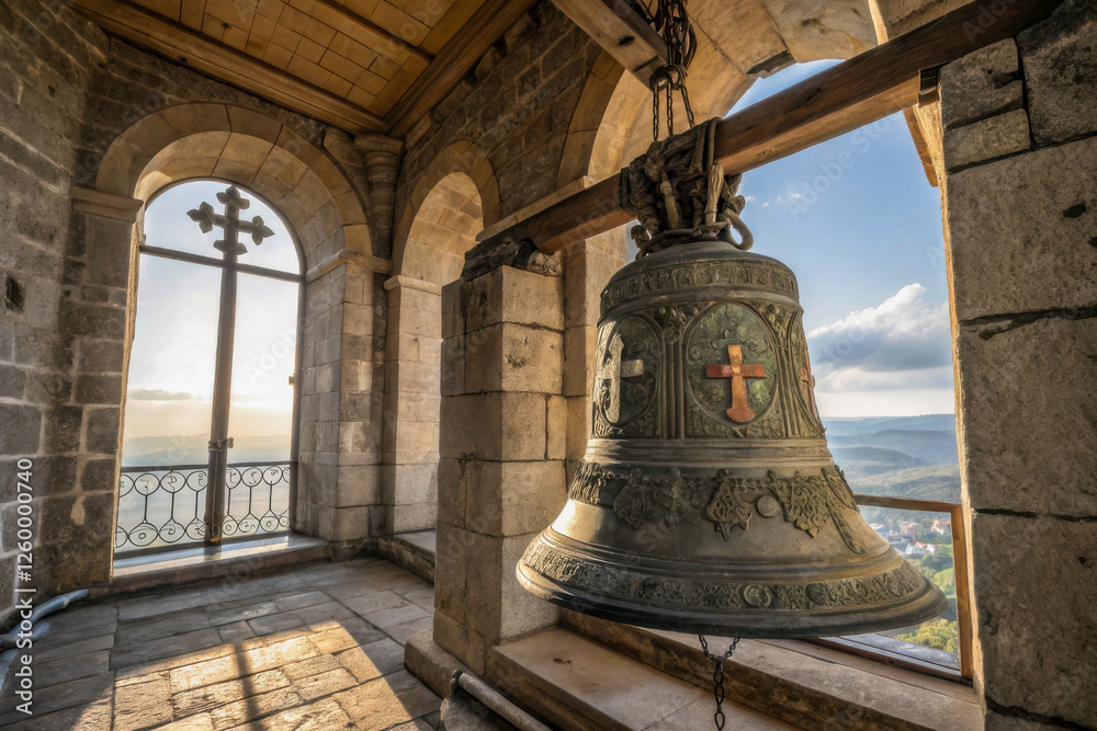 A historic church bell with ornate crosses hanging in a bell tower, illuminated by golden sunlight A historic church bell with ornate crosses hanging in a bell tower, illuminated by golden sunlight