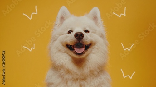 A fluffy, smiling Samoyed dog stands against a bright yellow background, radiating joy and friendliness.