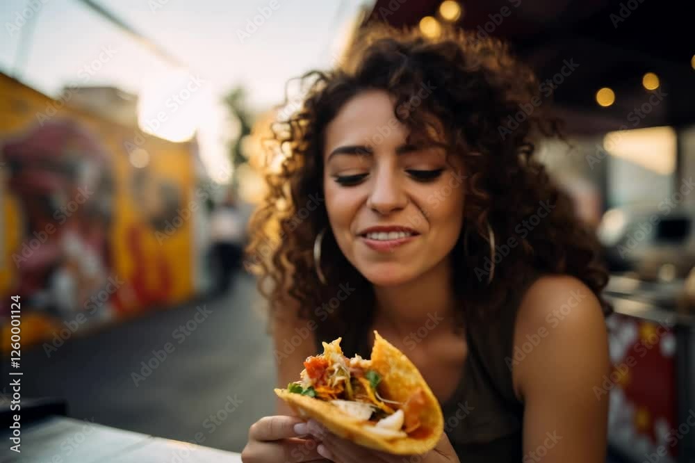Happy young mexican woman eating tacos at a street food market