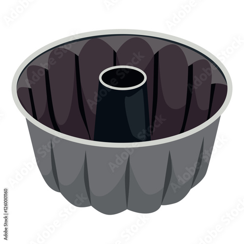 Special round baking dish for airy sponge cake. Kitchen utensil, isolated on white background. Metal baking dish for desserts. Cartoon vector illustration.