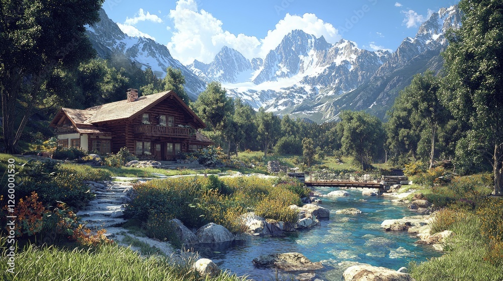 Fototapeta premium Mountain cabin river landscape, idyllic scenery, travel poster