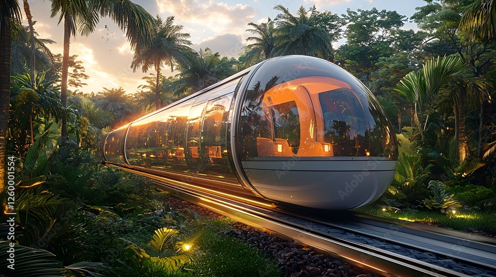 Fototapeta premium Futuristic train in a tropical rainforest at sunset. Possible use Stock photo for travel, technology, or environmental themes