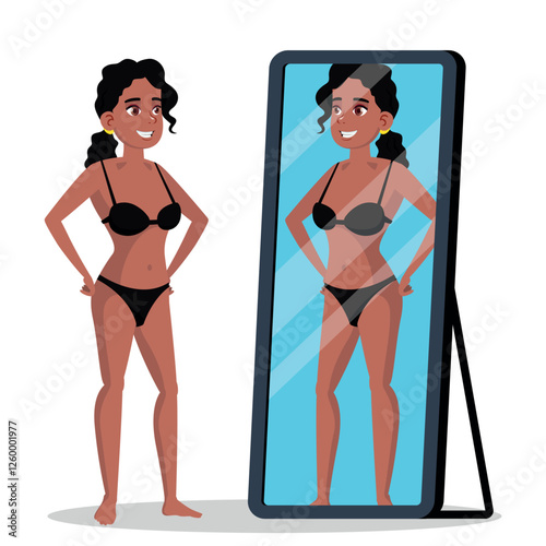 Black girl in lingerie looks in the mirror