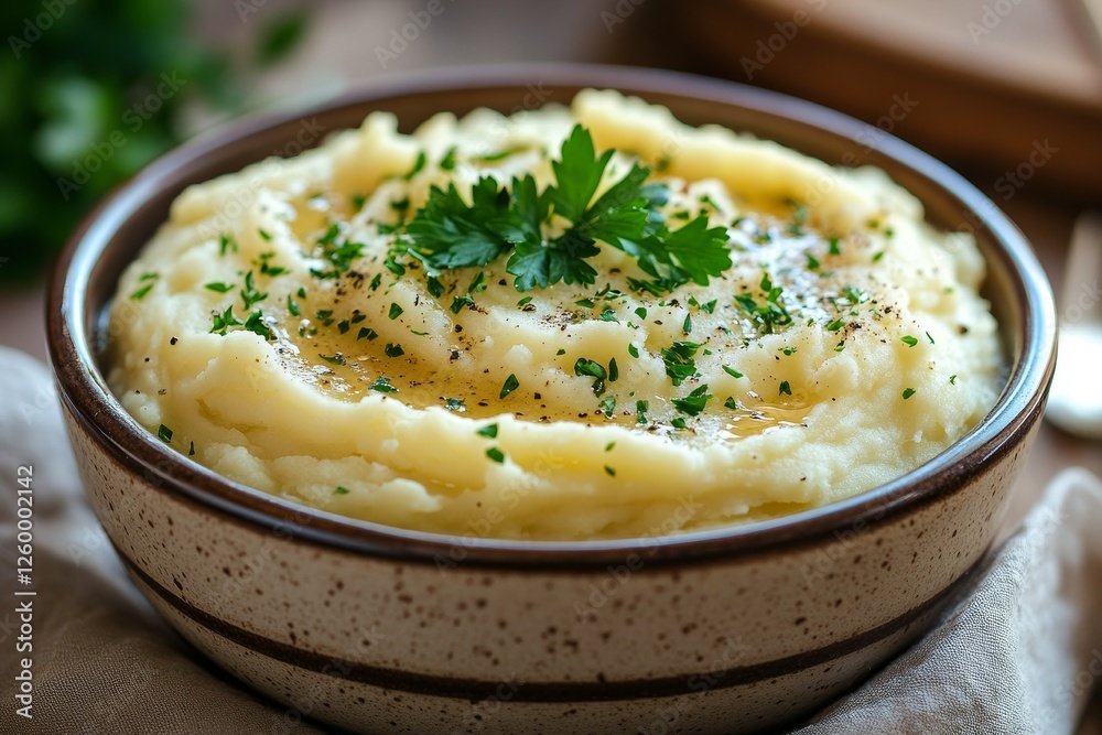 Creamy Mashed Potatoes, Parsley Garnish, Wooden Table Creamy Mashed Potatoes, Parsley Garnish, Wooden Table