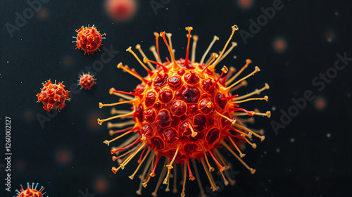 Seasonal allergies, pollen sensitivity, outdoor allergy triggers, airborne allergens, Microscopic view of airborne allergens resembling virus particles against a dark background photo