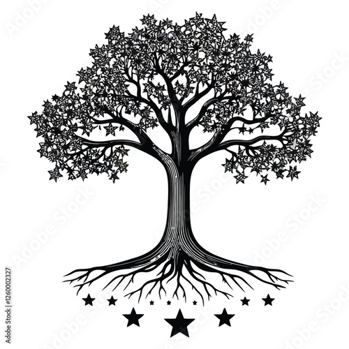 Mystical Tree with Starry Canopy and Strong Roots in Abstract Style