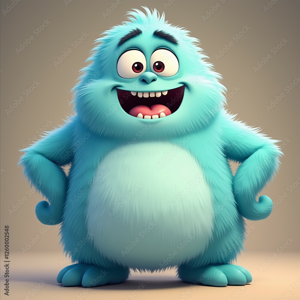 Obraz premium Cute Blue Furry Monster With a Big Smile and Friendly Expression.