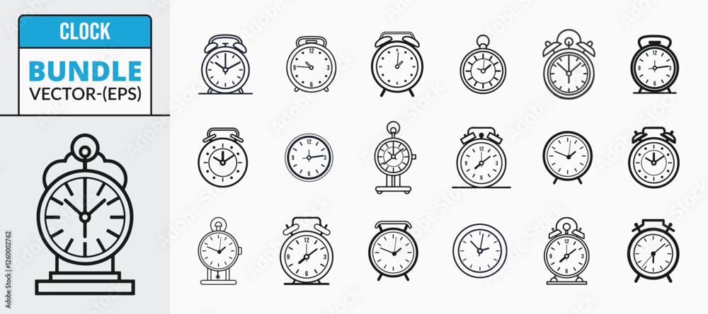 Clock outline icon bundle set in minimal isolated flat line art vector illustration