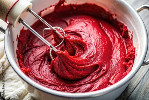 Creamy red velvet batter coats a ceramic bowl; a tilt-shift lens captures the overhead mixing action.