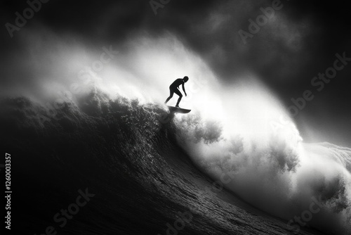 Dramatic Surfer Riding Massive Wave Black and White Photography